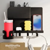 Smallish WallShelfie front view showing sleek black shelf and neat storage benefit