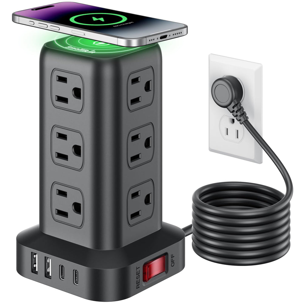 SMALLRT torre frontal mostrando 12 enchufes y 4 puertos USB para organización eficiente