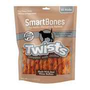 SmartBones envase frontal mostrando 30 palitos sin rawhide y beneficios nutritivos