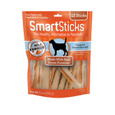 SmartBones paquete frontal mostrando 12 SmartSticks como snack sin rawhide y fácil digestión