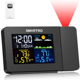 SMARTRO SC91 front display showing large time and weather icons for easy bedside reading