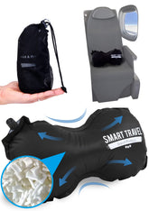 SmartTravel front view of packaged pillow showing compact design and portability benefit
