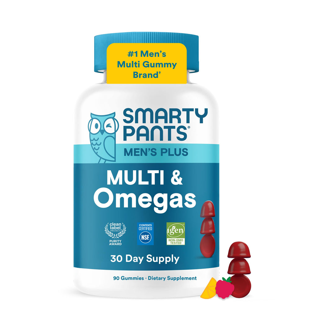 SmartyPants frasco frontal mostrando 90 gomitas y etiqueta clara