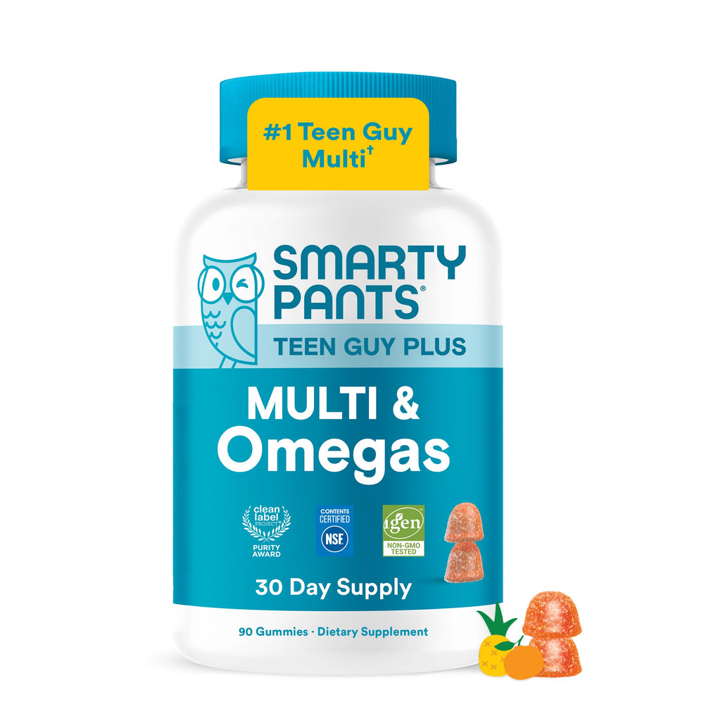 SmartyPants frasco frontal mostrando gomitas y etiquetas claras
