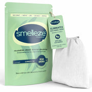 SMELLEZE frente del empaque muestra producto reutilizable y beneficios