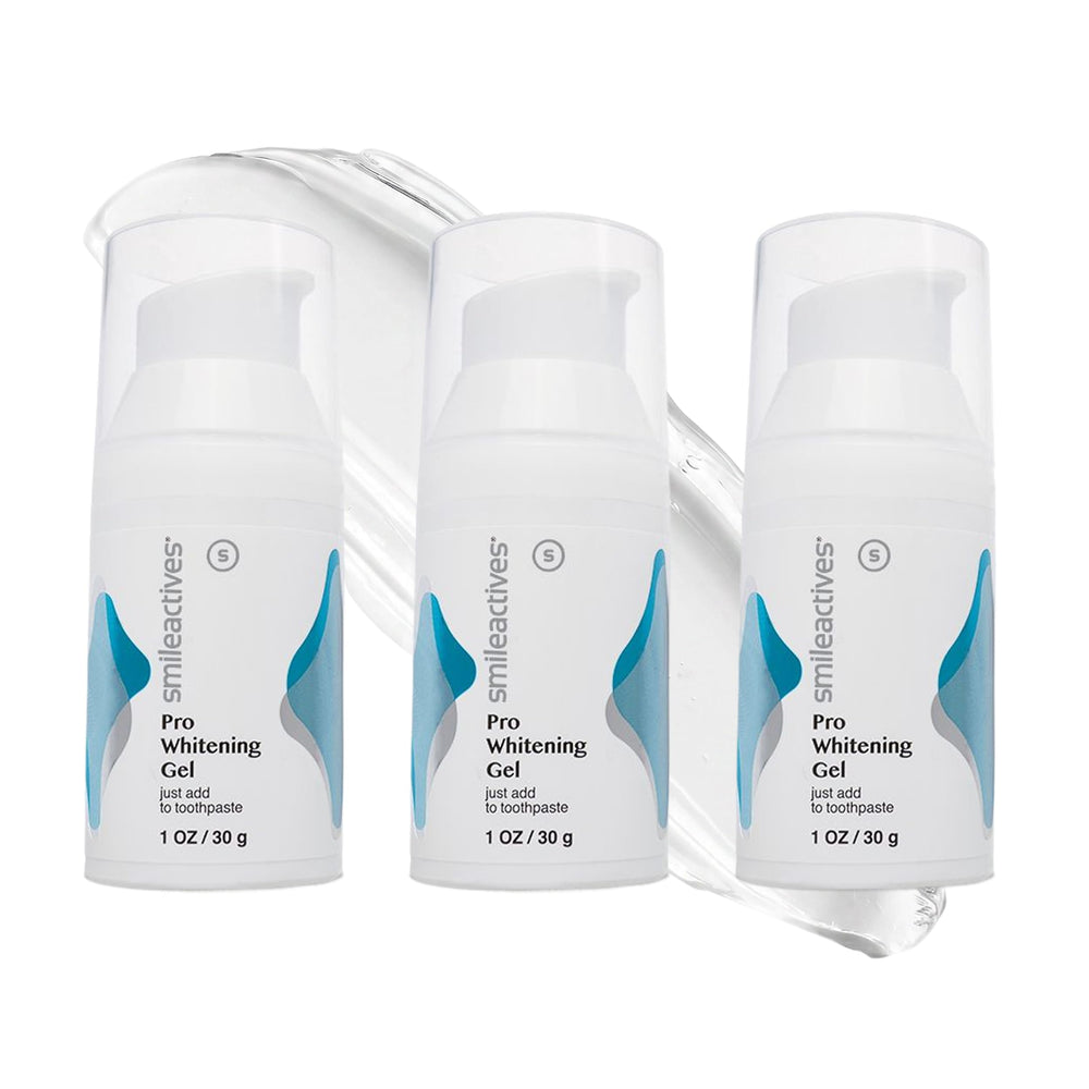 smileactives front packaging showing three whitening gel tubes and benefit of convenience