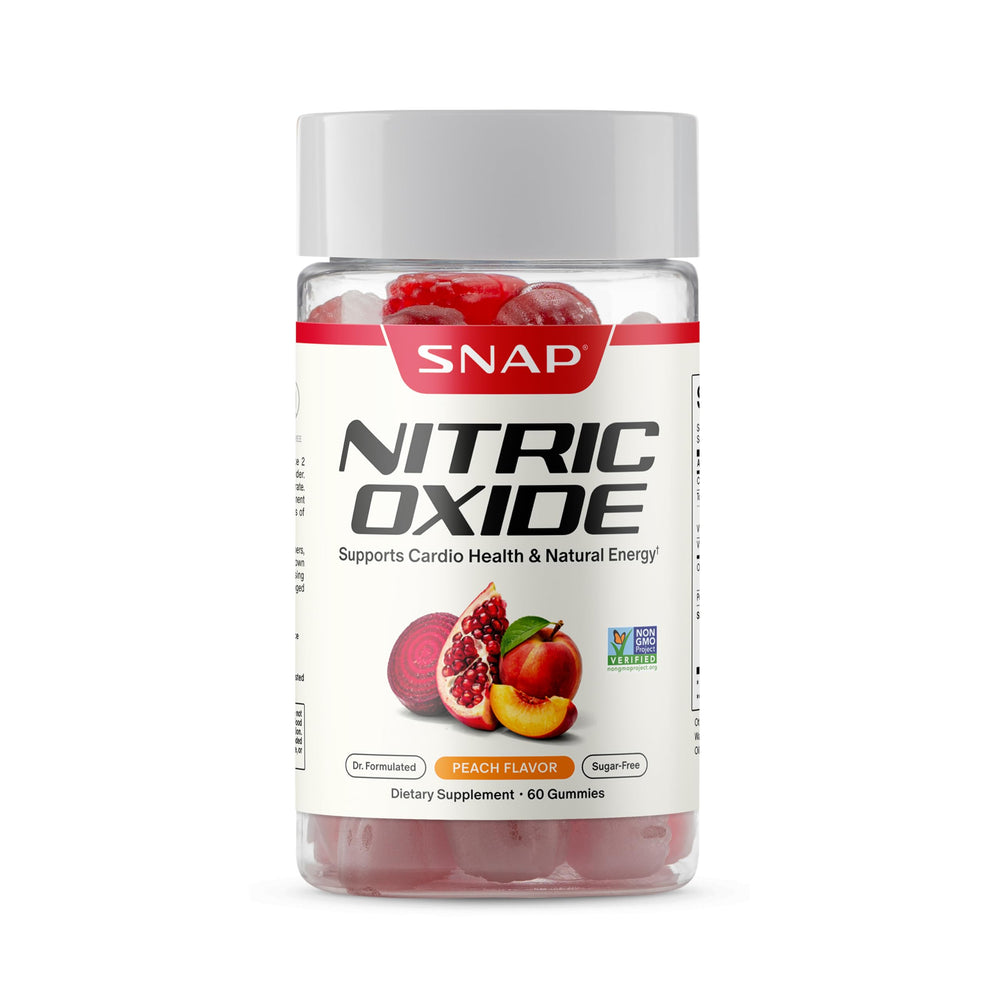 Snap Supplements frasco delantero que muestra 60 gominolas y etiqueta clara para conveniencia
