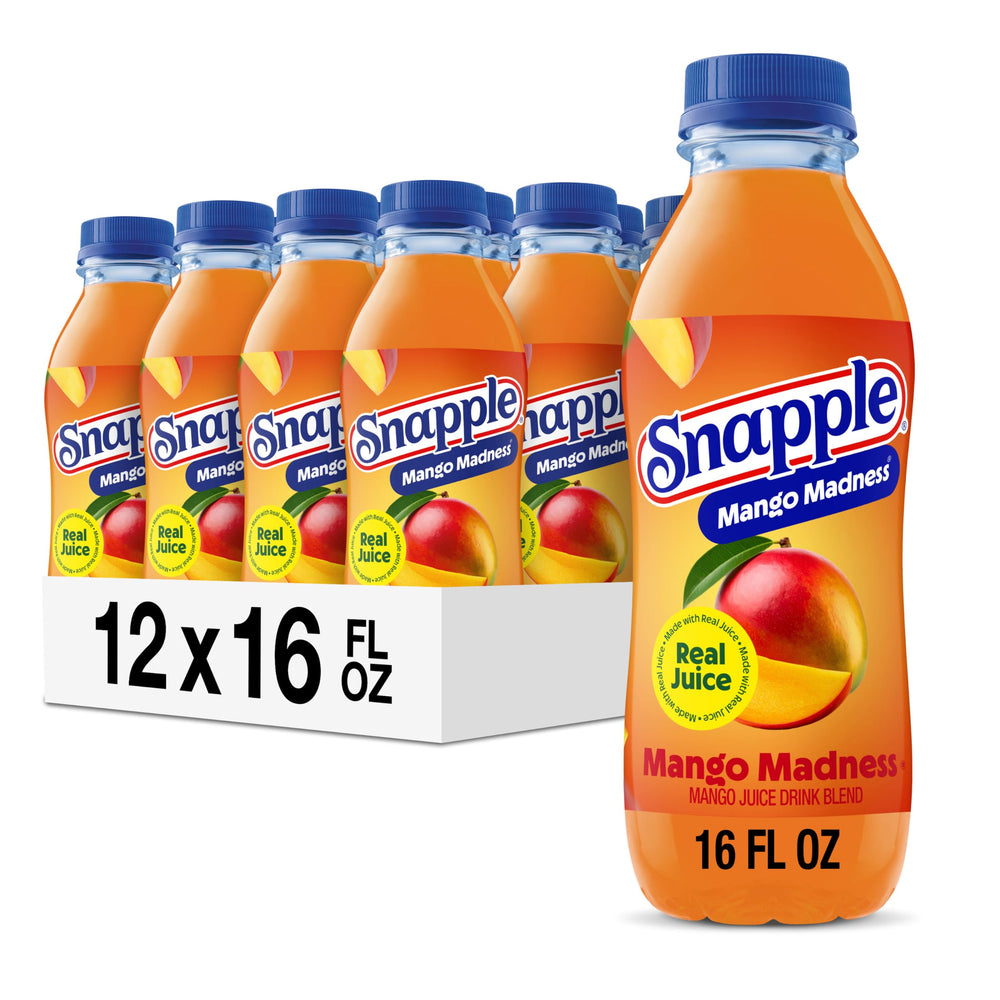 Snapple botella frontal mostrando etiqueta y mango, sabor reconocible