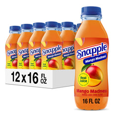 Snapple botella frontal mostrando etiqueta y mango, sabor reconocible