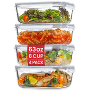 Snuvid front view of four 63oz glass containers showing full set and lids, durable storage