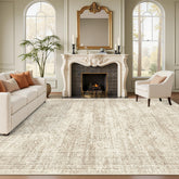 Soalmost front view beige rug shows neutral style and easy coordination