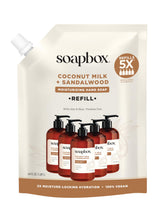 Soapbox front label showing Coconut Milk & Sandalwood refill and benefits