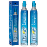 sodastream two blue cylinders front packaging showing included return label and savings