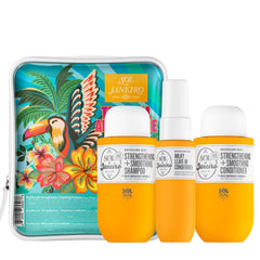 Sol de Janeiro primer plano del acondicionador resaltando fortalecimiento y control de frizz