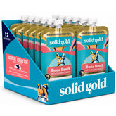 Solid Gold front packaging showing 12-count salmon bone broth pouches and benefits