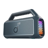 Soundcore Boom 2 front view showing speaker grille and balanced sound benefits