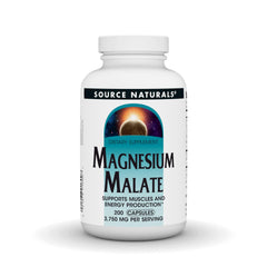 Source Naturals frasco frontal de Magnesium Malate mostrando presentación y beneficio de suministro prolongado