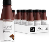 Soylent bottle front label showing creamy chocolate flavor and balanced nutrition benefit