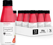 Soylent front packaging showing strawberry bottle and nutritional benefits