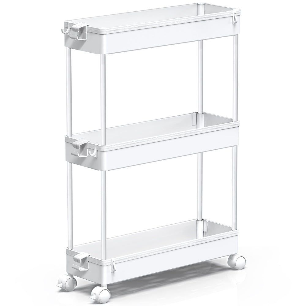SPACEKEEPER front view of white slim cart showing tidy storage benefit