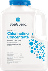 SpaGuard envase frontal 5 lb mostrando etiqueta y uso sencillo