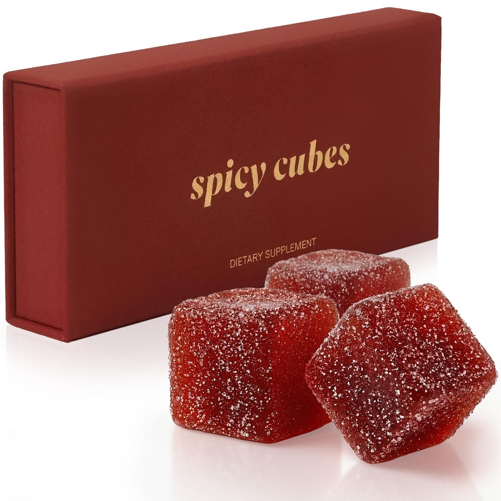 Spicy Cubes front packaging shows peach design and discreet gift-ready box