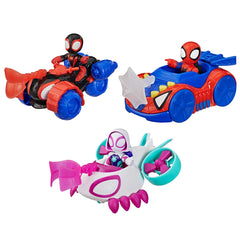 Spidey and his Amazing Friends pack delantero mostrando figuras y vehículos, ideal para coleccionar