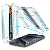 Spigen protector GlasTR frontal caja mostrando ajuste perfecto