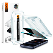 Spigen protector GlasTR vista frontal del embalaje con beneficios de privacidad