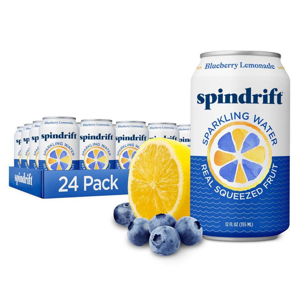 Spindrift lata frontal Blueberry Lemonade mostrando diseño y frescura