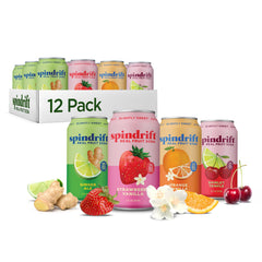 Spindrift caja de 12 latas frontal mostrando variedad y conveniencia