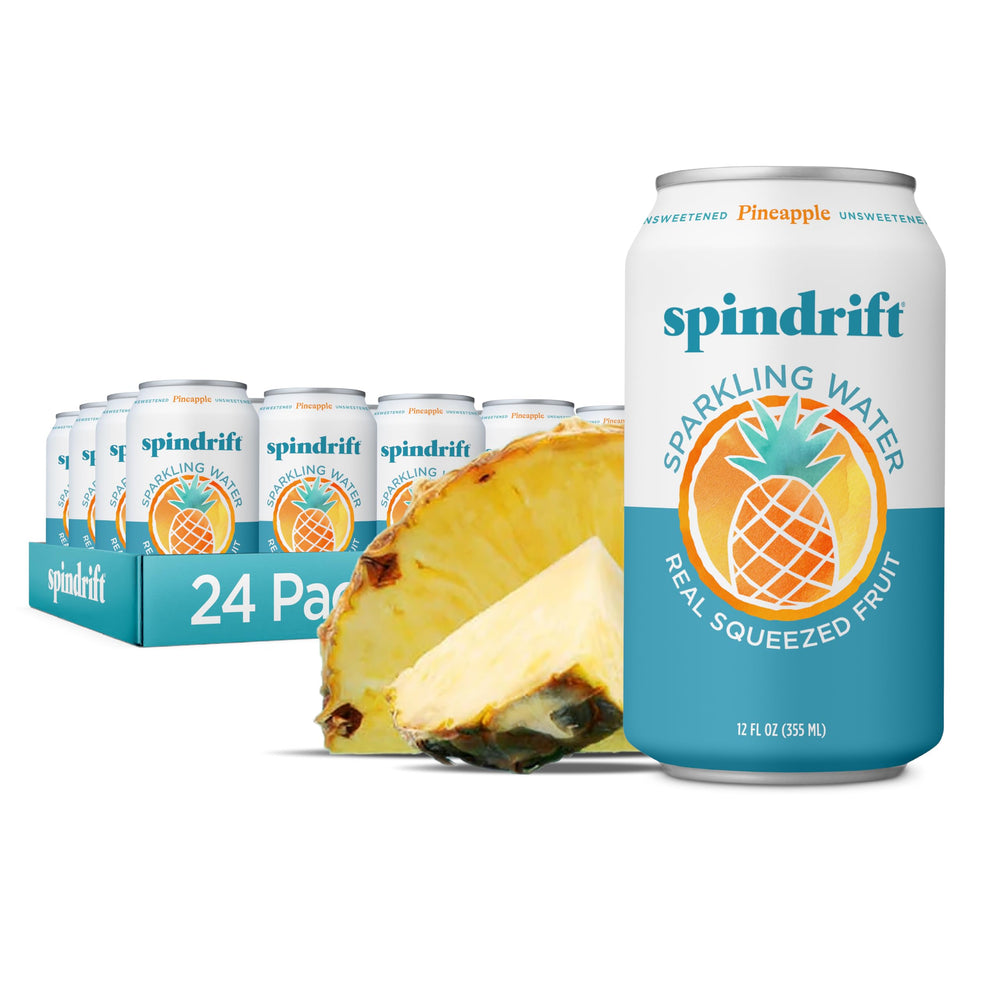 Spindrift lata frontal de piña mostrando diseño y claridad de ingredientes