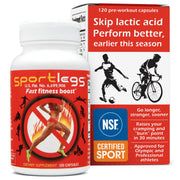 SPORTLEGS front packaging showing bottle and 120-count label benefits