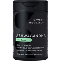 Sports Research envase frontal mostrando ashwagandha y beneficios de absorción