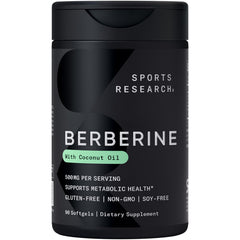 Sports Research frasco frontal mostrando berberina 500 mg y 90 softgels, fácil identificación