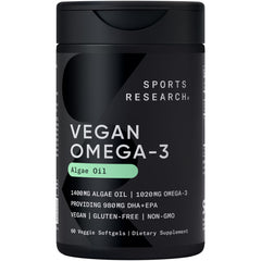 Sports Research envase frontal de Vegan Omega‑3 con información de producto
