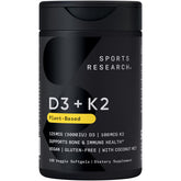 Sports Research envase frontal mostrando D3 + K2 vegano y beneficios