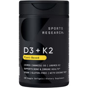 Sports Research envase frontal mostrando D3 + K2 vegano y beneficios