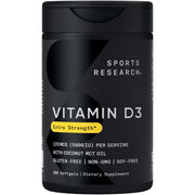 Sports Research frasco frontal de Vitamin D3 5000 IU mostrando etiqueta clara y cantidad