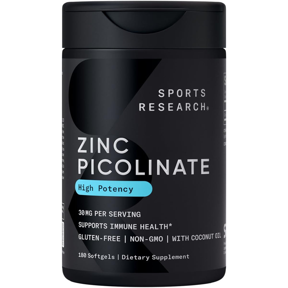 Sports Research envase frontal de Zinc Picolinate 180 softgels muestra información clara