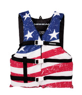 SportsStuff front view life jacket showing pattern and secure buckles for safe boating