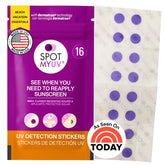 SPOTMYUV empaque frontal mostrando 16 adhesivos y beneficios