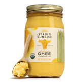 Spring Sunrise frasco delantero mostrando ghee dorado y etiqueta clara