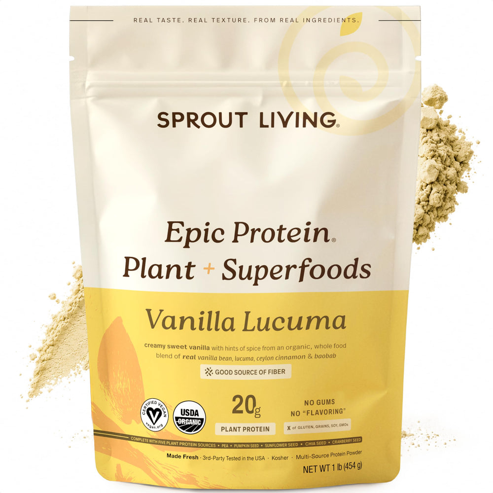 Sprout Living frasco frontal del producto mostrando etiqueta clara y beneficios