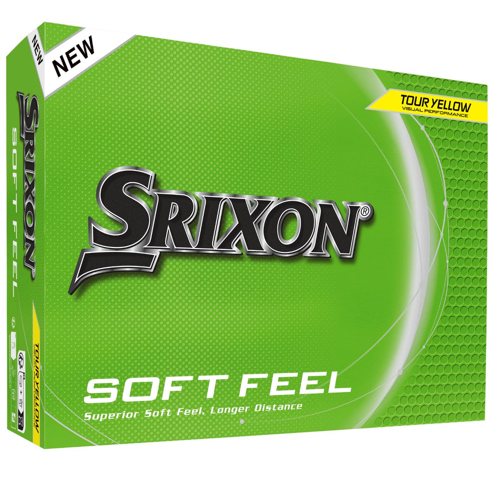 Srixon Soft Feel caja frontal amarilla mostrando paquete y visibilidad