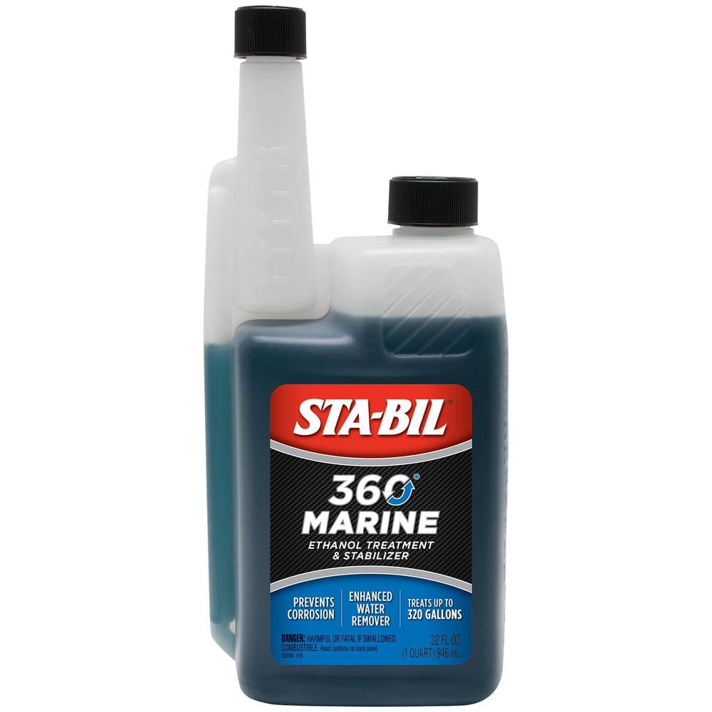 STA-BIL 360 frontal del envase mostrando la botella y capacidad de 32 oz, protección clara