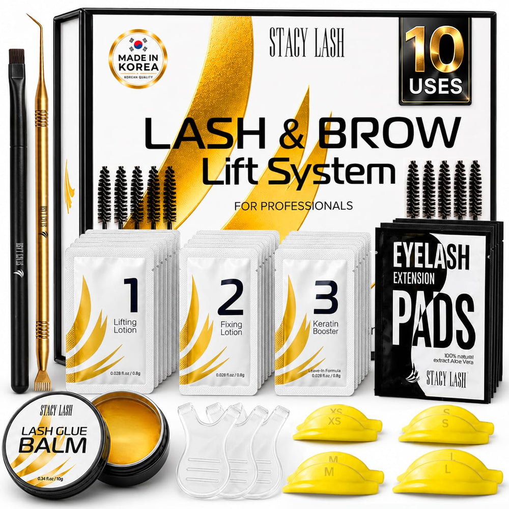 STACY LASH kit flatlay showing all components for convenient at-home salon results