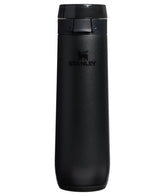 STANLEY bottle front view showing sleek black design and brand logo, durable carry benefit