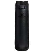 STANLEY bottle front view showing sleek black design and brand logo, durable carry benefit