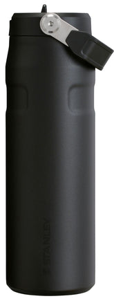 STANLEY IceFlow front view showing sleek black bottle and logo, durable portable benefit
